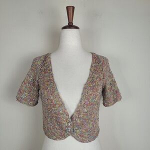 Cecile Benac Sweater Womens Large Colorful Metallic Hand Knit Crop Boho Cardigan